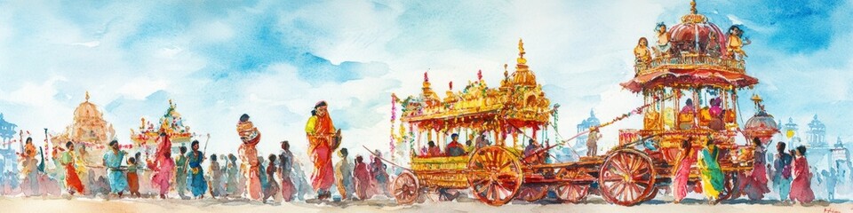 Fototapeta premium Abstract Ratha Yatra Watercolor Illustration: Majestic Decorated Chariots in Vibrant Celebration. AI-Generated Artistic Design for Cultural Events, Religious Festivals, and Indian Traditions. Elegant 