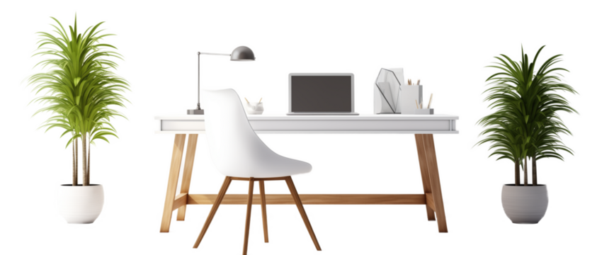 Modern home office setup with a sleek desk, ergonomic chair, and minimalist decor items, isolated on a transparent background