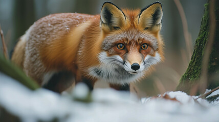vibrant red fox prowling through a snowy forest,