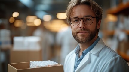 Fototapeta premium portrait of pharmaceutical sales representative in medical building holding box,drugs samples-standard-scale-_x.jpeg