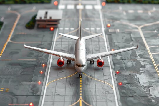 Top view of an aircraft model on the runway representing the aviation industry safety security and insurance for travelers - Powered by Adobe