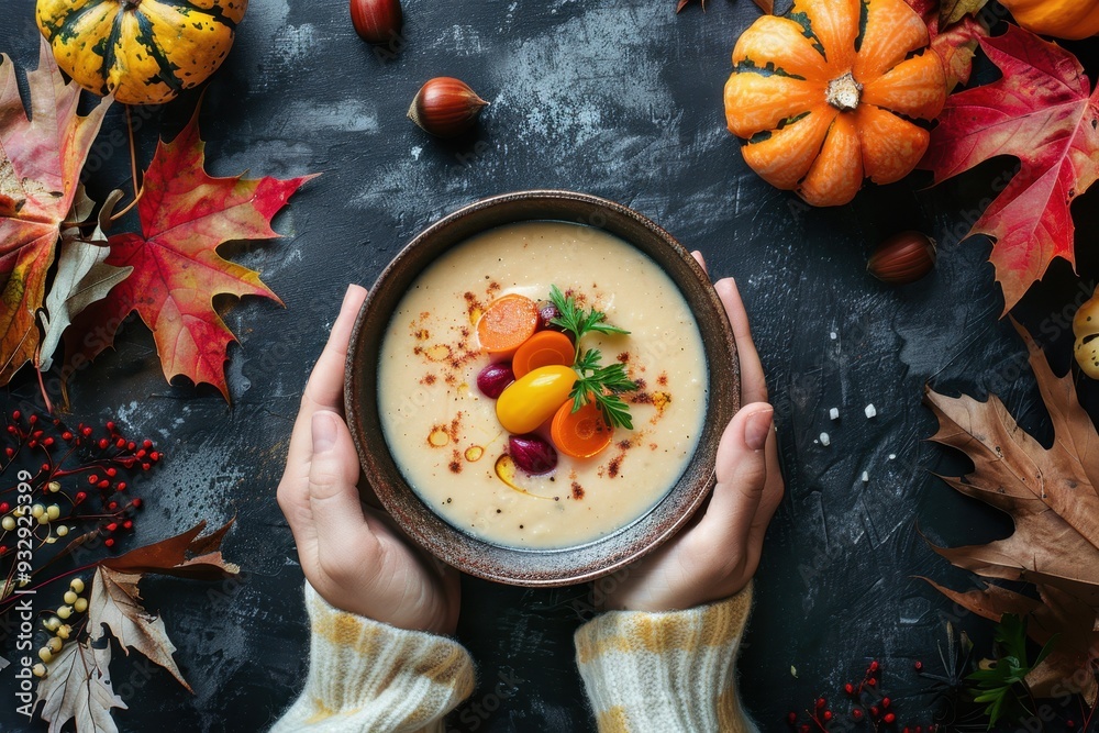 Sticker top view of autumn vegetable soup in bowl held by female hands on rustic kitchen table with fall lea