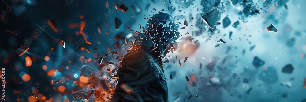 Poster a hacker is penetrating a digital shield, scattering fragments around, highlighting the risks of cyb