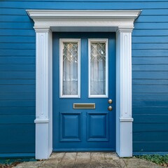 Obraz premium blue door with a white trim sits in front of a blue building