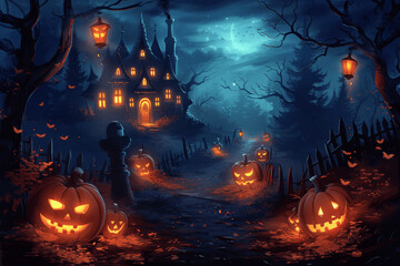 Haunted House With Glowing Windows And Carved Jack O Lanterns On Halloween Night