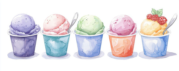 Gelato scoops, vibrant flavors, colorful cups, spoon on the side, Watercolor style