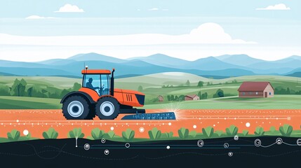 Obraz premium An illustration of a precision farming setup featuring an autonomous tractor plowing a field. The tractor is guided by satellite navigation, and the field is marked with digital lines and data points