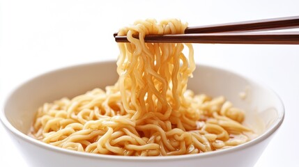 A close-up of cooked noodles being lifted with chopsticks from a white bowl, highlighting their texture and color