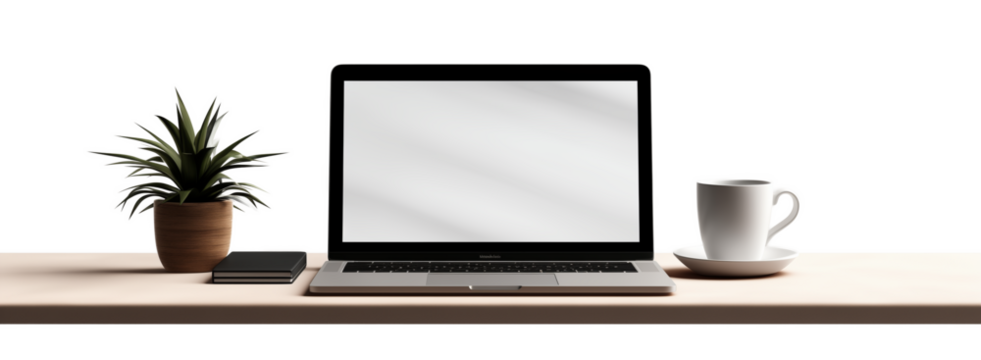 Modern desk with a laptop, a coffee cup, and a notepad, isolated on transparent background.