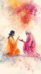 Fototapeta premium Abstract Watercolor Illustration: Spiritual Master Blessing Disciple in Serene Cultural Setting. AI-Generated Artistic Design Depicting Guru-Disciple Relationship, Indian Traditions, and Spiritual Wis