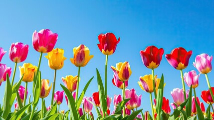 Fototapeta premium Colorful Tulips Against a Blue Sky