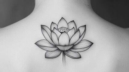 A detailed, black-and-white tattoo of a lotus flower on the back, symbolizing purity and spiritual awakening