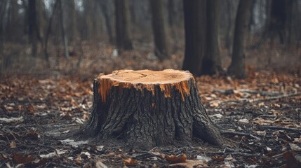 Obraz premium Forest with Cut Down Tree Stump, Surrounded by Barren Terrain