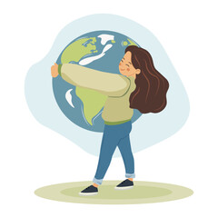 Girl hugs planet Earth with love and care. The concept of environmental protection, love, nature care and keeping healthy. Vector eco illustration of Happy Earth day and saving planet. Save our planet