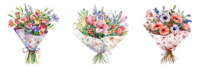 A set of bouquets of flowers and gift wrapping png. Watercolor bunches of flowers in a paper wrapper on a transparent background. The concept of Birthday, Valentine, March 8, etc.
