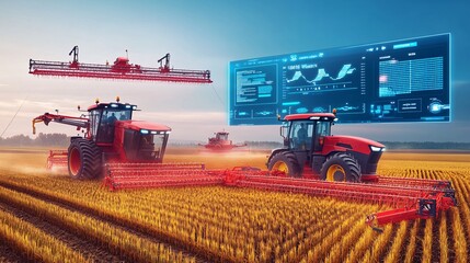 Obraz premium An illustration of a precision farming system with automated crop harvesting. The machinery moves through the field, collecting crops with exact precision. Digital displays show data on crop yield,