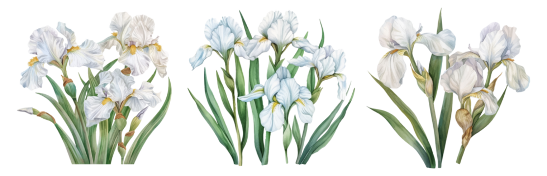 Watercolor set of bilth flowers of irises png. White watercolor flowers on a transparent background. Side facing underwater design element. Artistic vector wedding design element. - Powered by Adobe