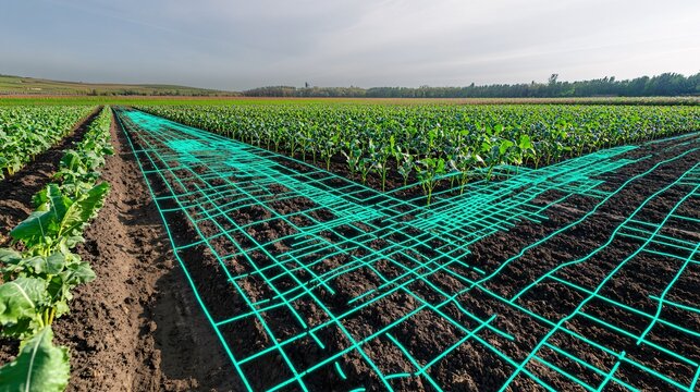 An illustration of precision farming technology using satellite data. The image shows a field with satellite imagery overlaying the crops, highlighting areas that need attention. The field is divided