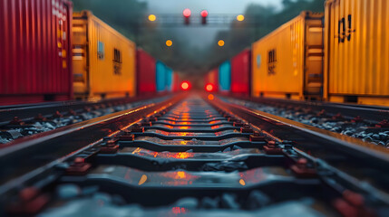 Train Tracks in the Fog with Cargo Containers - 3D Illustration