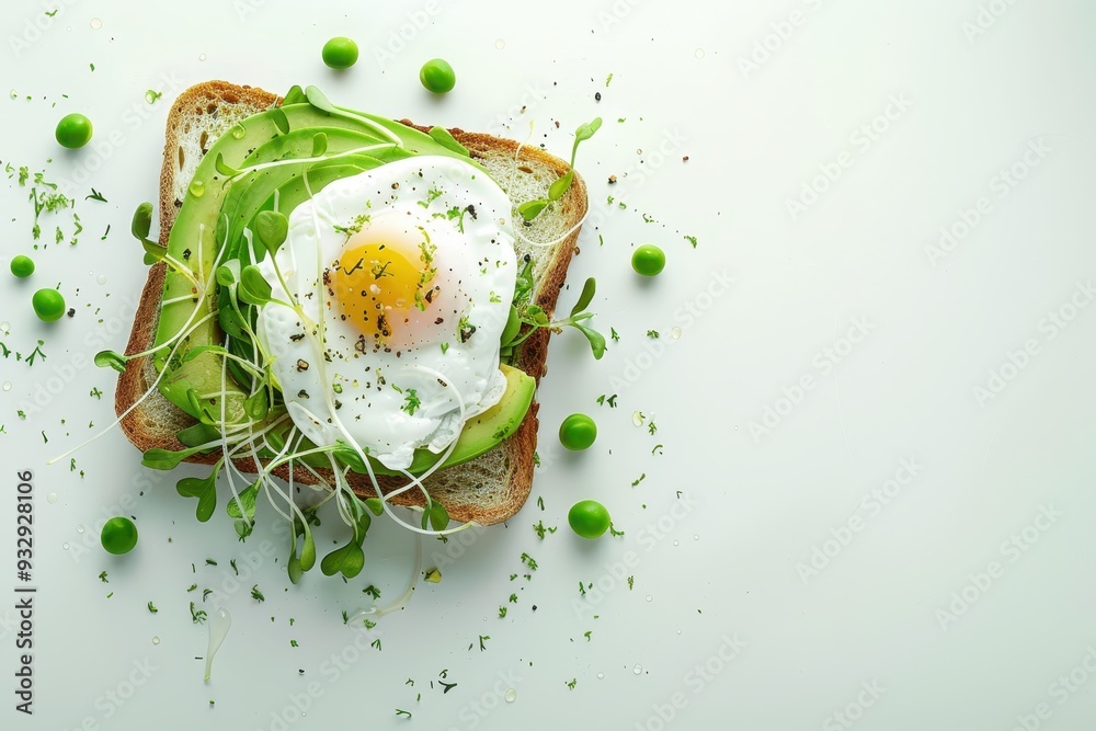 Poster top view of healthy breakfast with whole wheat toast avocado poached egg pea sprouts and cheese on w