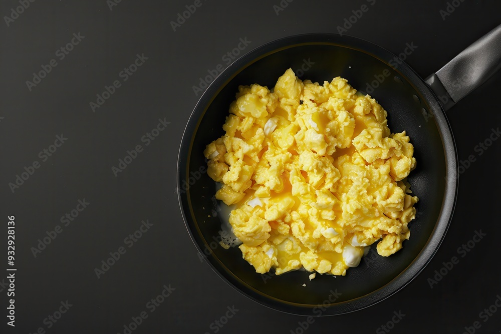 Sticker top view of homemade scrambled eggs on frying pan for healthy breakfast or brunch