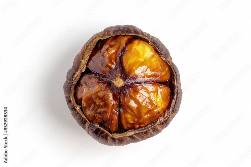 Sticker top view of isolated roasted chestnut on white background with full depth of field