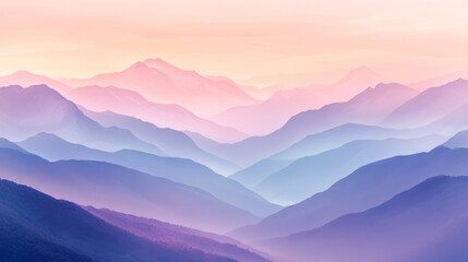 Fototapeta premium A serene landscape featuring soft, layered mountain ranges bathed in pastel hues at dawn, creating a tranquil and dreamy atmosphere