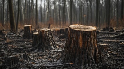 Fototapeta premium Forest with Cut Down Tree Stump, Surrounded by Barren Terrain