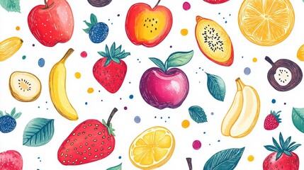 A vibrant illustration featuring various fruits, including apples, bananas, strawberries, and citrus, set against a white background with colorful dots