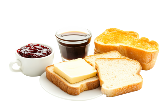 A plate featuring toasted bread with butter, fruit jam, and a steaming cup of coffee isolated on white transparent.