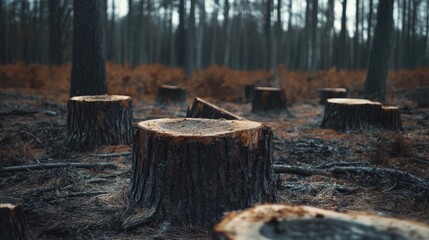 Obraz premium Forest with Cut Down Tree Stump, Surrounded by Barren Terrain