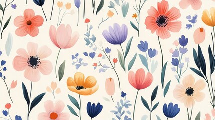 A vibrant floral pattern featuring a variety of colorful flowers in shades of pink, purple, yellow, and blue on a soft cream background
