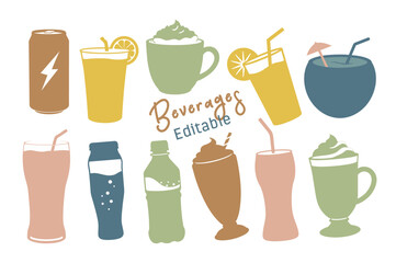 Beverages flat clipart illustration set