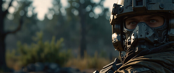 The Determined Defender: A resolute soldier in full combat gear, his eyes hardened with determination, stands amidst a blurred forest, ready to face any challenge. 