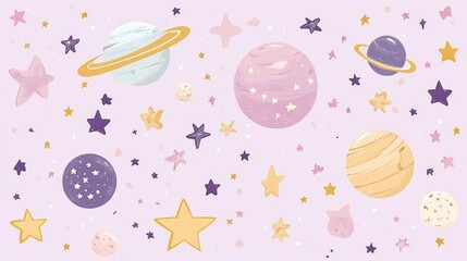 Naklejka premium A whimsical illustration of planets, stars, and celestial bodies in soft pastel colors on a light purple background, creating a dreamy cosmic theme