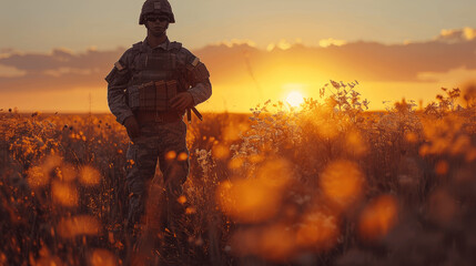Soldier Standing In Field Of Wildflowers During Sunset Silhouette Effect With Warm Orange Glow