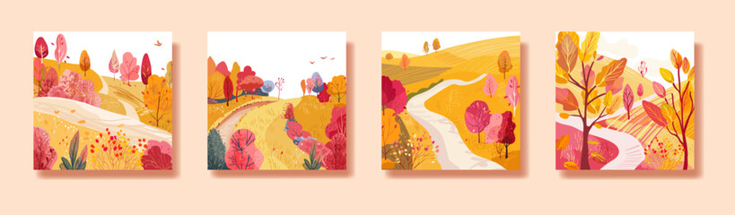 Set with places for travel Hand drawn. Autumn forest. Migratory birds. Fields on the hills. Print on Print, postcard or diary. Vector