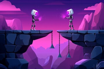 Two robots standing on opposite sides of a futuristic canyon symbolizing the challenges of technology and the journey to bridge the gap between artificial intelligence and human understanding