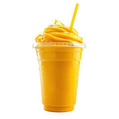 Fresh mango smoothie in a large transparent glass, refreshing mango milkshake. Isolated on white background.