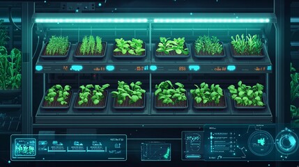 Fototapeta premium An illustration of a modern vertical farming setup inside a high-tech greenhouse. The farm features multiple layers of stacked planting trays, with vibrant green plants growing on each level. The