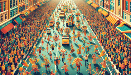 A lively parade with people in colorful costumes, marching bands, and floats. The streets are lined with enthusiastic spectators waving flags and cheering, creating a festive and communal atmosphere.