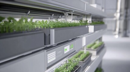 An illustration of a vertical farm with a focus on automation. The setup includes multiple levels of planting trays with an automated irrigation and nutrient delivery system. The background shows a