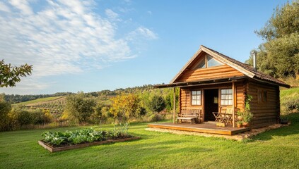 Obraz premium A wooden cabin with a porch, chairs, and a garden.