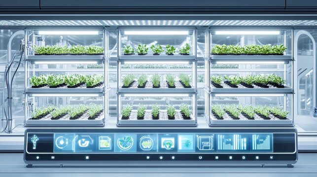 An illustration of a vertical farming system featuring a hydroponic setup. The farm includes several tiers of plant trays growing a variety of crops. The background shows a high-tech facility with