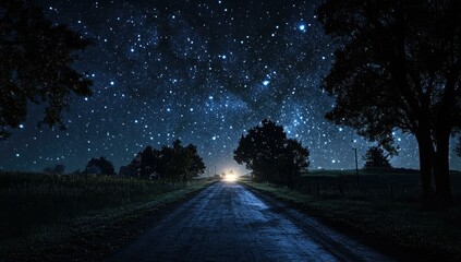 Silhouetted trees line a road under a starry night.