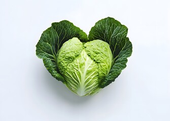 Fototapeta premium A fresh and vibrant green cabbage with its distinctive heart shape is displayed against the pure white background 