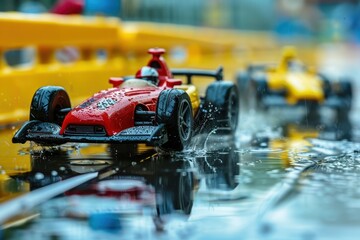 Fototapeta premium Toy cars racing red car passes yellow rival Radio controlled competition