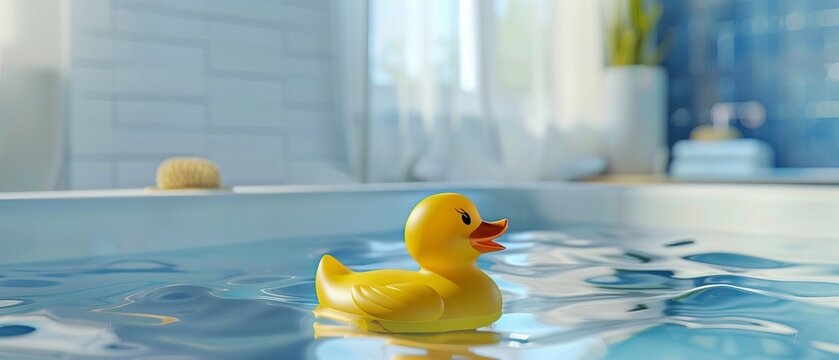 Yellow rubber duck floating on the water of the bathtub