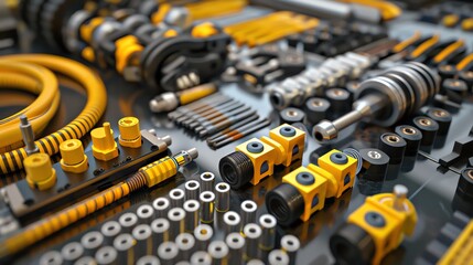 3D render of industrial cable organizers and fasteners, realistic