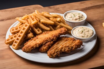 Crispy chicken tenders served with honey mustard and a side of coleslaw and waffle fries, AI Generated